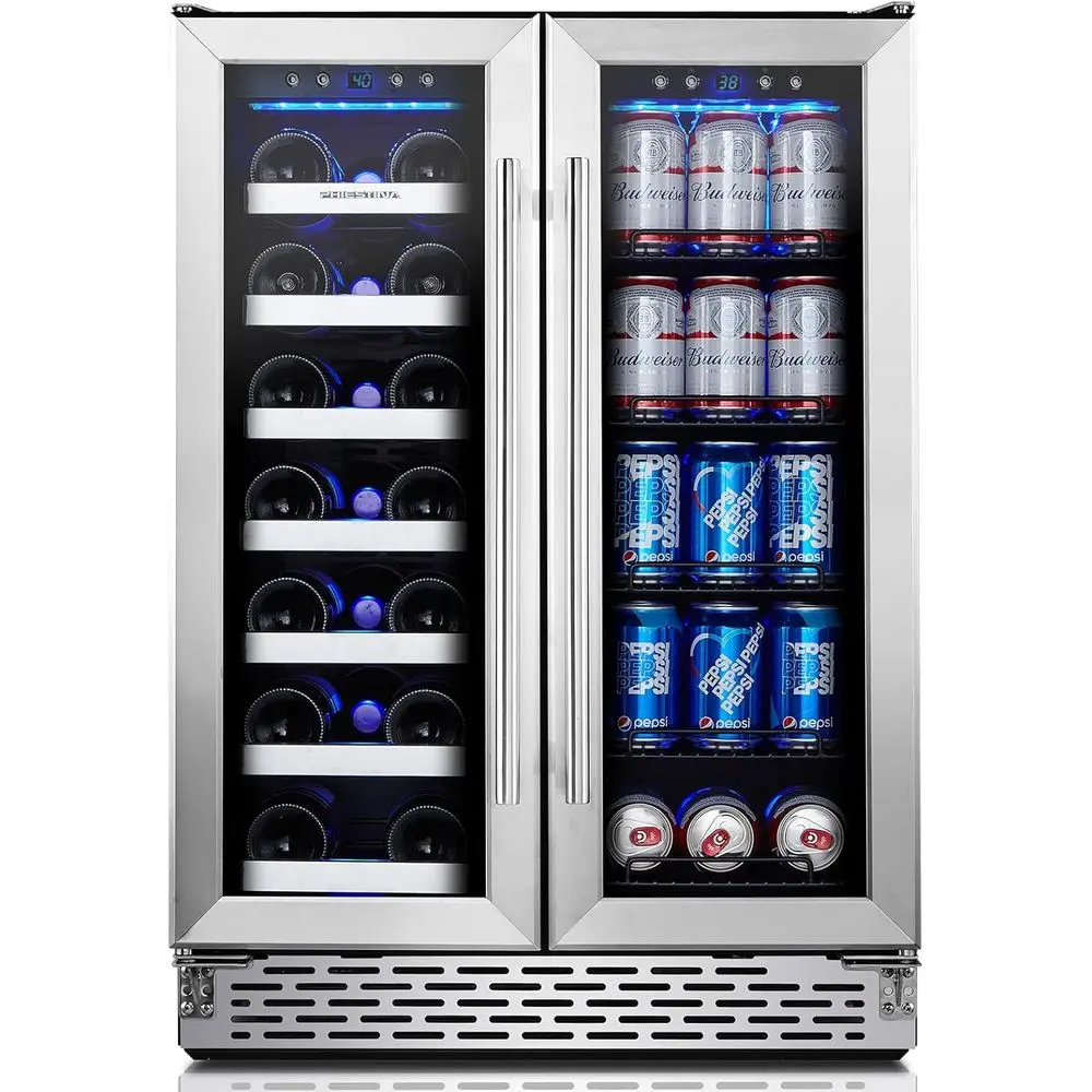 

Wine and Beverage Rerigerator, 24’’ Wine Cooler- 20 Bottles&78 Cans, Built-in/reestanding Dual Zone Wine ridge with Glass Door,