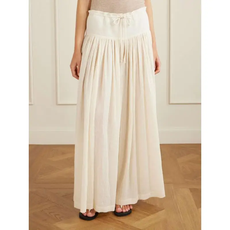 Maxdutti Southern France Lazy Minimalist Drawstring High Waist Big Swing Linen Pants Wide Leg Pants Women Trousers Woman Clothes