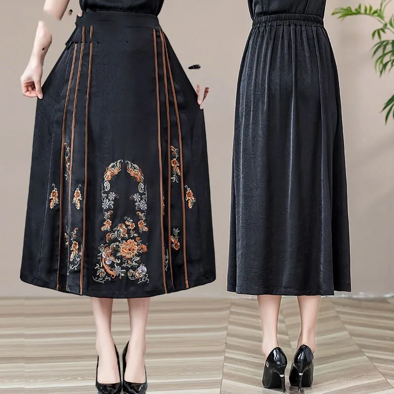 

Spring Autumn Chinese Style Women's Embroidered Flower Printing Shirring Patchwork Elastic High Waisted Casual Elegant Skirt