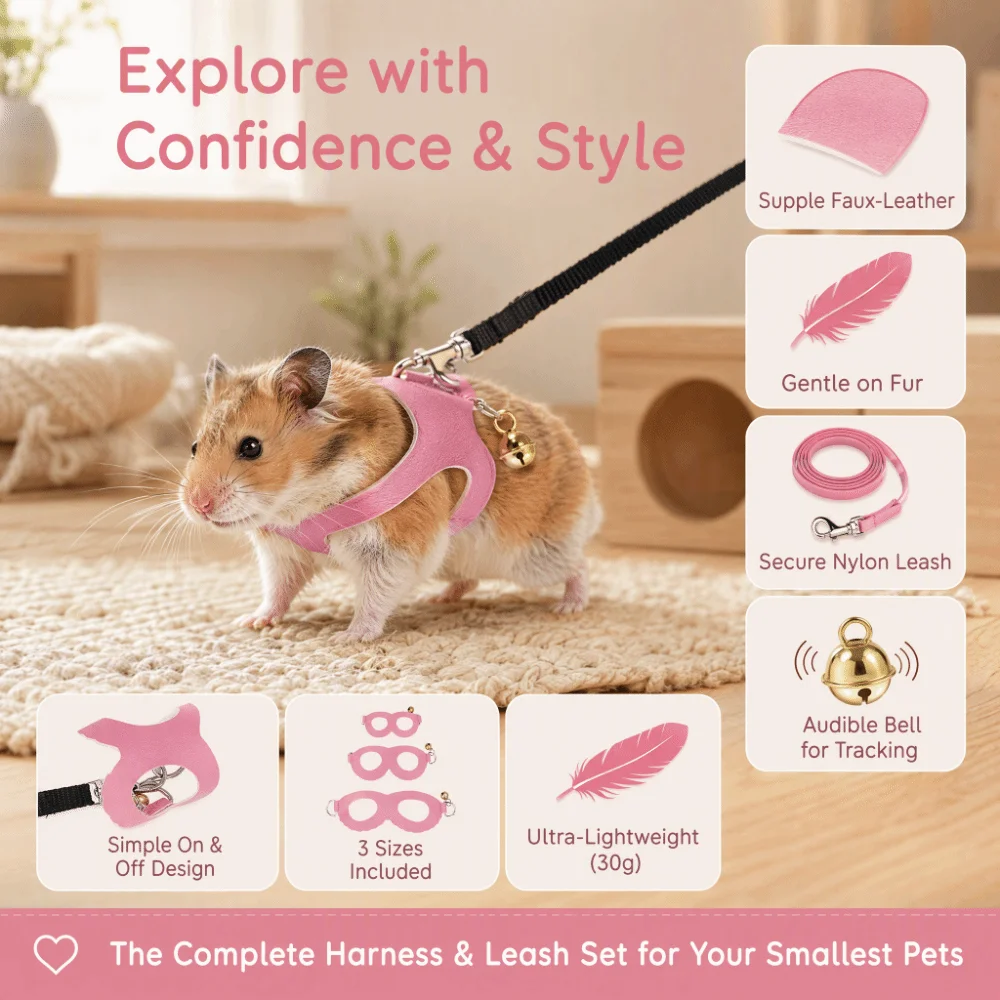 4pcs Sturdy Faux-Leather Hamster Harness Set Soft Nylon Hamster Leash Vest Bells Comfortable Guinea Pig Harness Set Rat