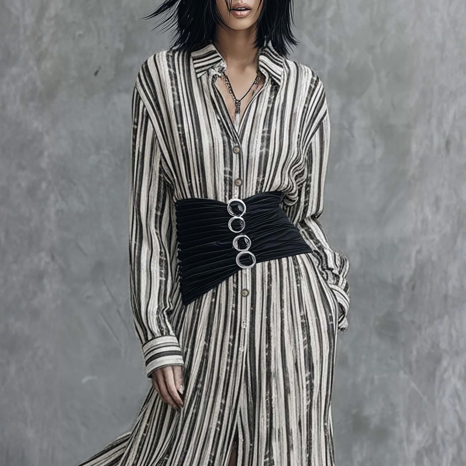 Robe chic à col en V, ceinture, taille froncée, robe maxi fluide à volants, robe chemise à rayures, fente latérale, accent métallique, robe décontractée tendance