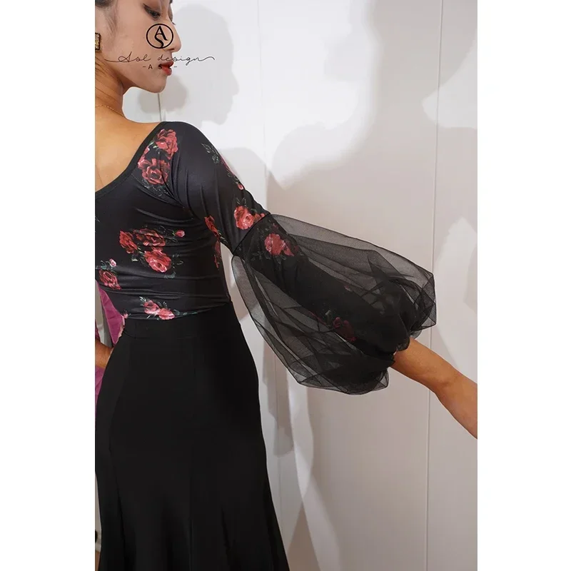 Ballroom Dans Kleding Vrouwen Prestaties Tops Mesh Pofmouwen Bloem Wals Dans Kostuum Rmba Latin Dans Slijtage BL11303
