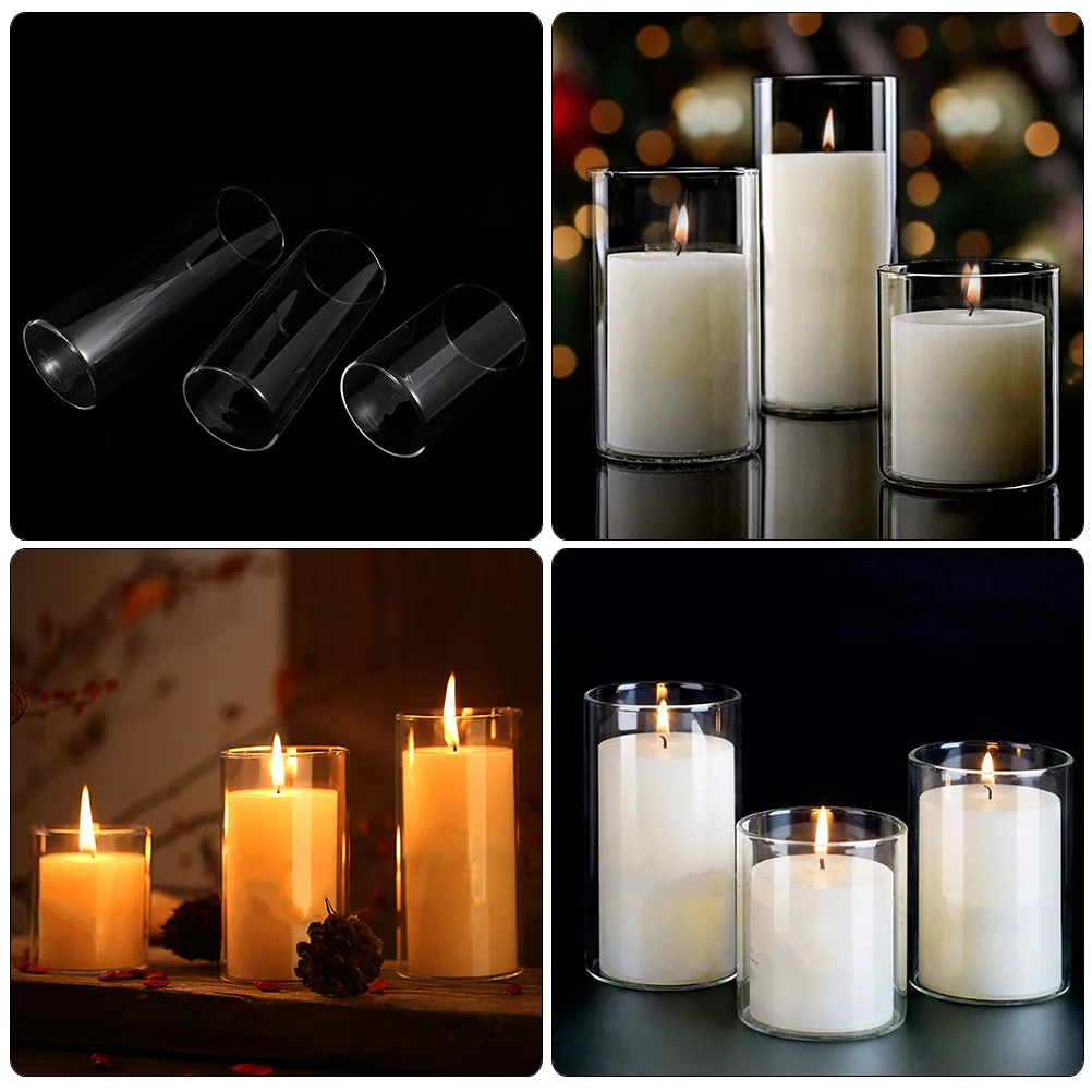 3Pcs Glass Cylinder Holder Transparent Cover for Pillar Candles Simple Design Home Decoration Shade