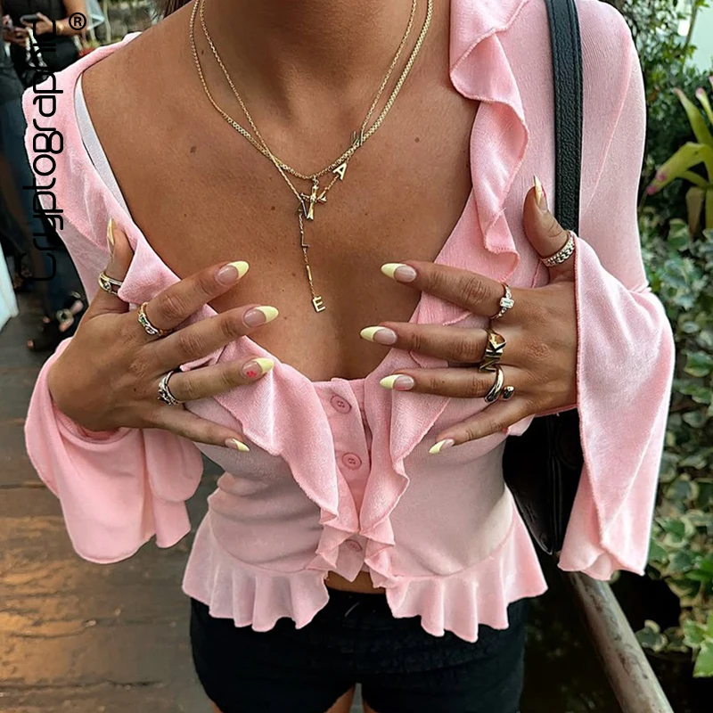 

Cryptographic Ruffled Flare Sleeve Cardigans V Neck Tops Outfits for Women Sexy Y2K Top Rave Festival Cropped Slim Solid Clothes