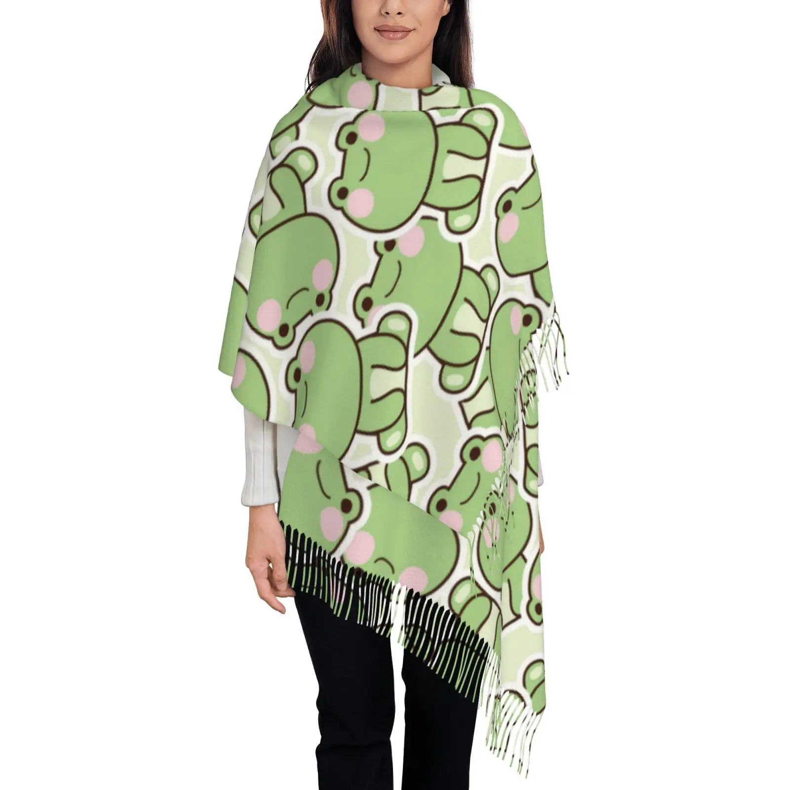 Kawaii Cartoon Frog Pattern Tassel Shawl for Women, Oversized Wrap Scarf, Cute Animal Fashion Accessory