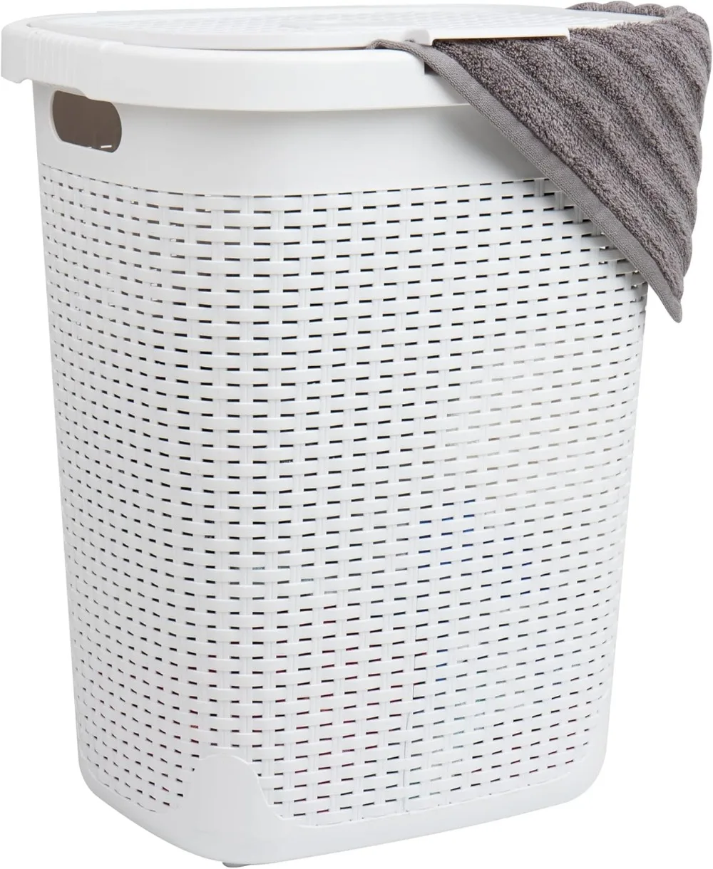 

50L Slim Laundry Hamper, Clothes Basket, Lid, Wicker Design, Plastic, 17.65"L X 13.75"W X 21"H, White