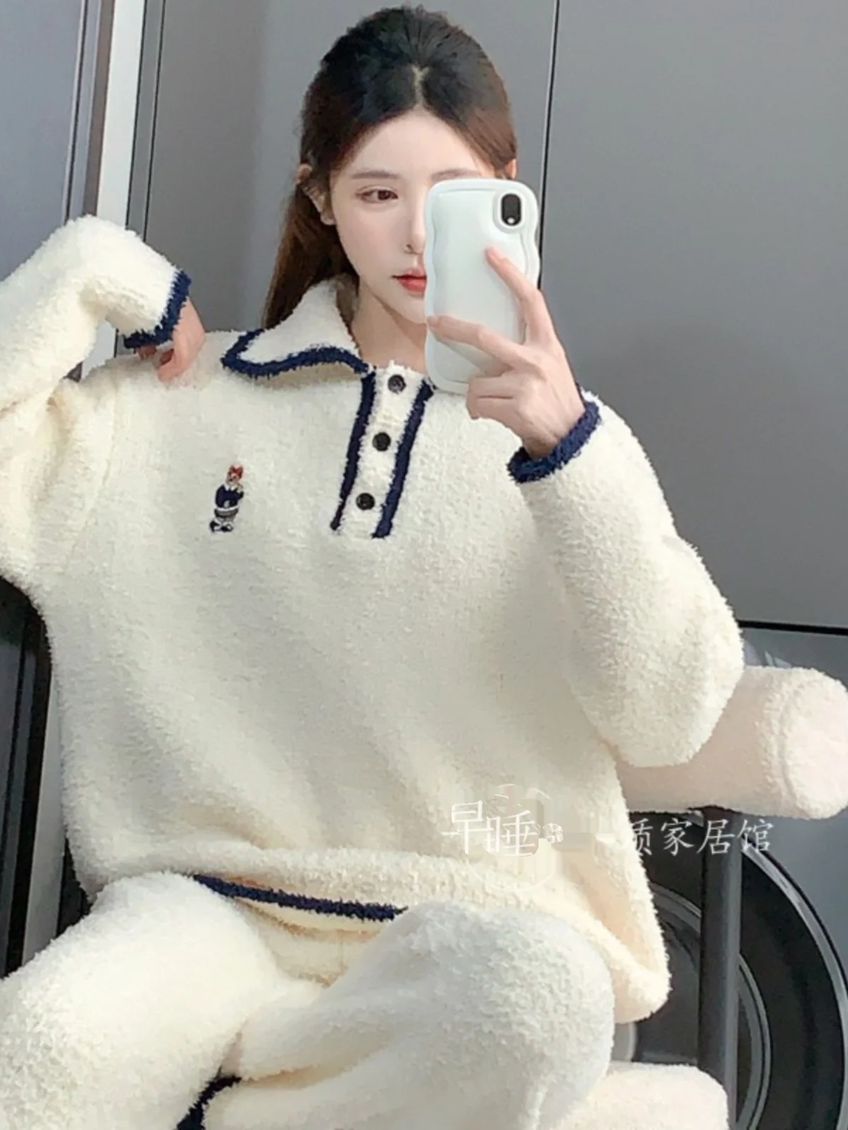 النمط الياباني الخريف الشتاء جديد الحلو لطيف فتاة طويلة الأكمام منامة النساء سميكة الدافئة فضفاضة ملابس منزلية غير رسمية