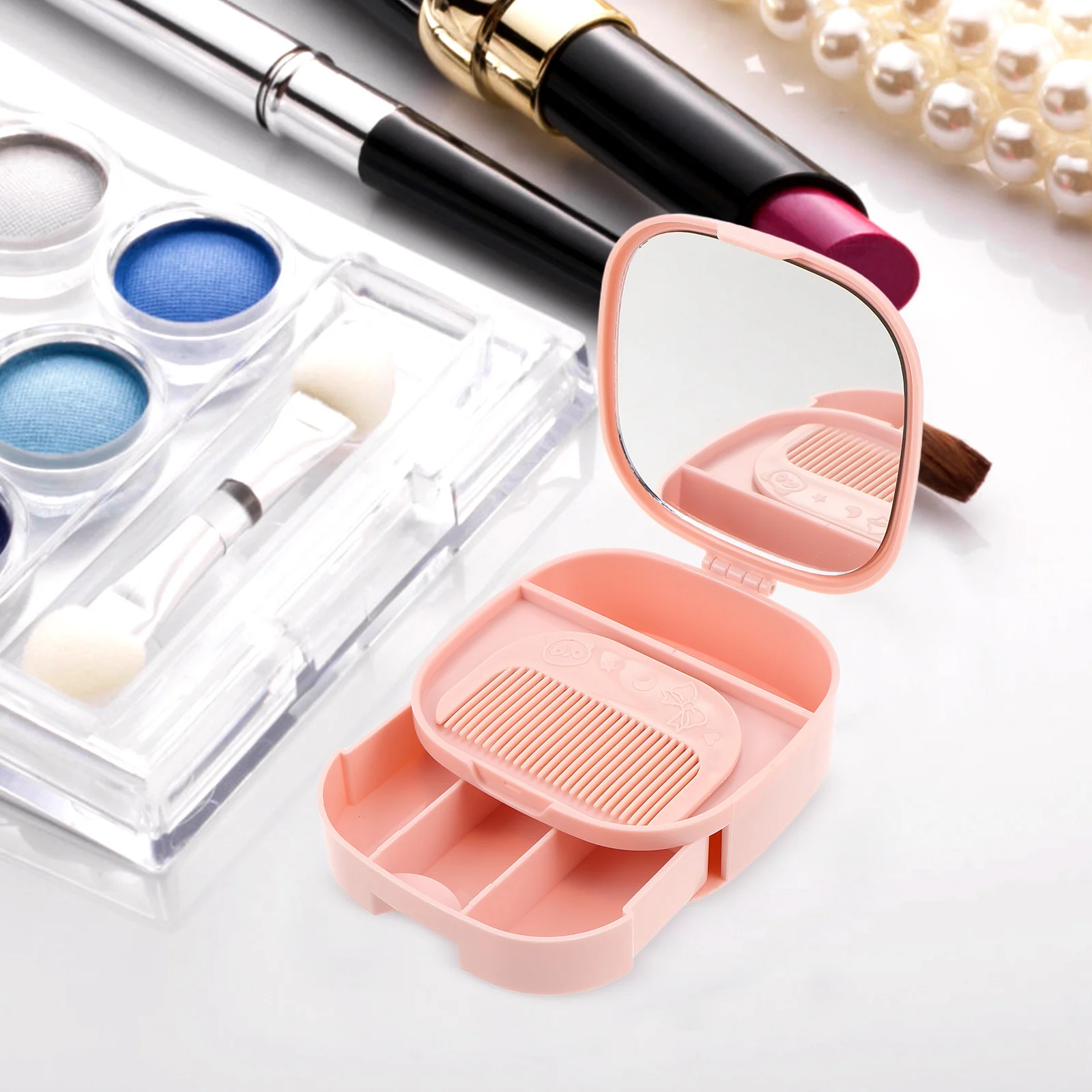 3-delige make-upspiegel met opbergdoos Draagbare make-up organizer voor vrouwen Bureauspiegel Compacte make-up ijdelheid Make-up organizer