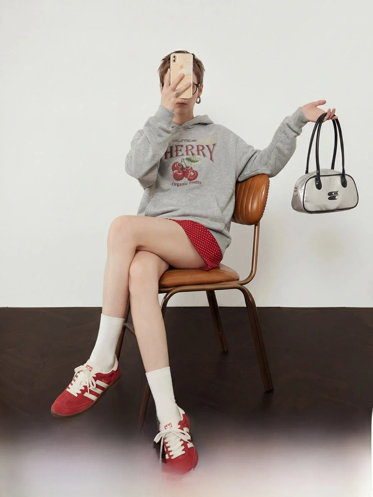 

Cherry Organic Grey Fleece Women's Sweatshirt Loose Fit Spring 2026 Casual Long Sleeve Shirt by Zhou Li Wu