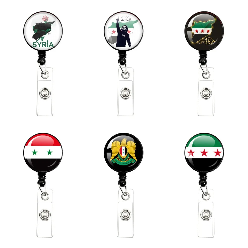 Syria NEW National Flag Badge Reel Retractable ID Badge Holder A-Z Round Glass Key Ring ID Name Card Office Supplies