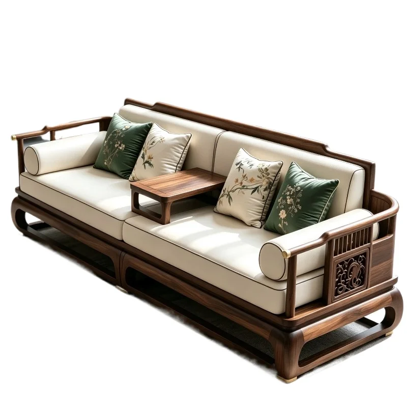 New Chinese Solid Wood Sofa Black Walnut Living Room Carved Living Room Zen Straight Fabric Sofa
