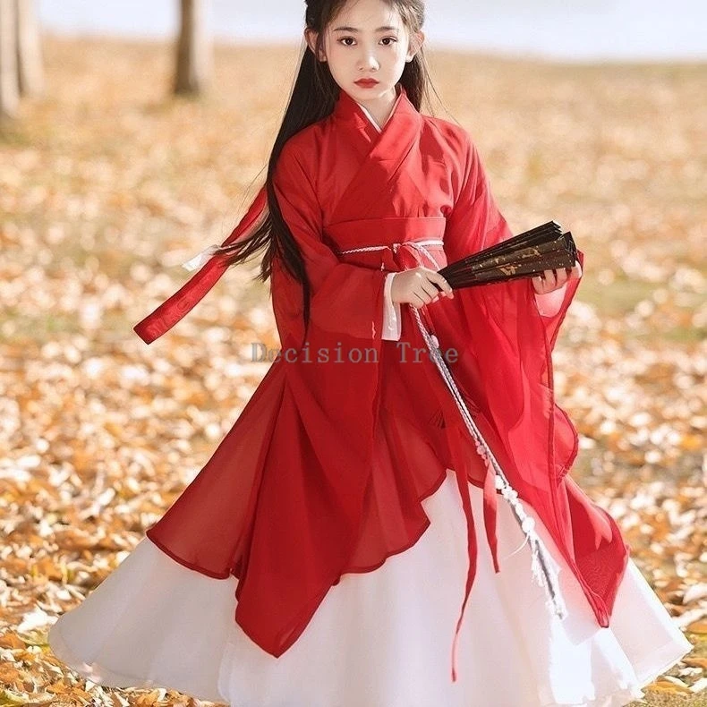 Hanfu rouge chinois ancien à grande manche, ensemble de danse traditionnelle féerique, pour la performance des enfants, nouvelle collection, 303, 2024