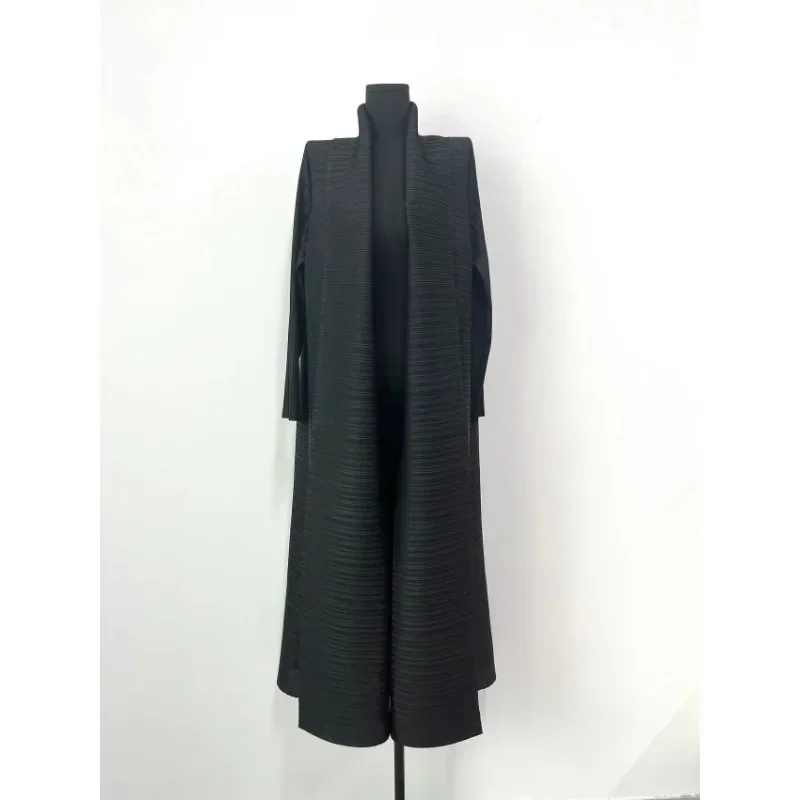 Miyake Pleated Black Gown Coat Cardigan Dress Chic Lapel Collar Ruched Maxi Skirt Women 2023 Fall Winter Streetwear