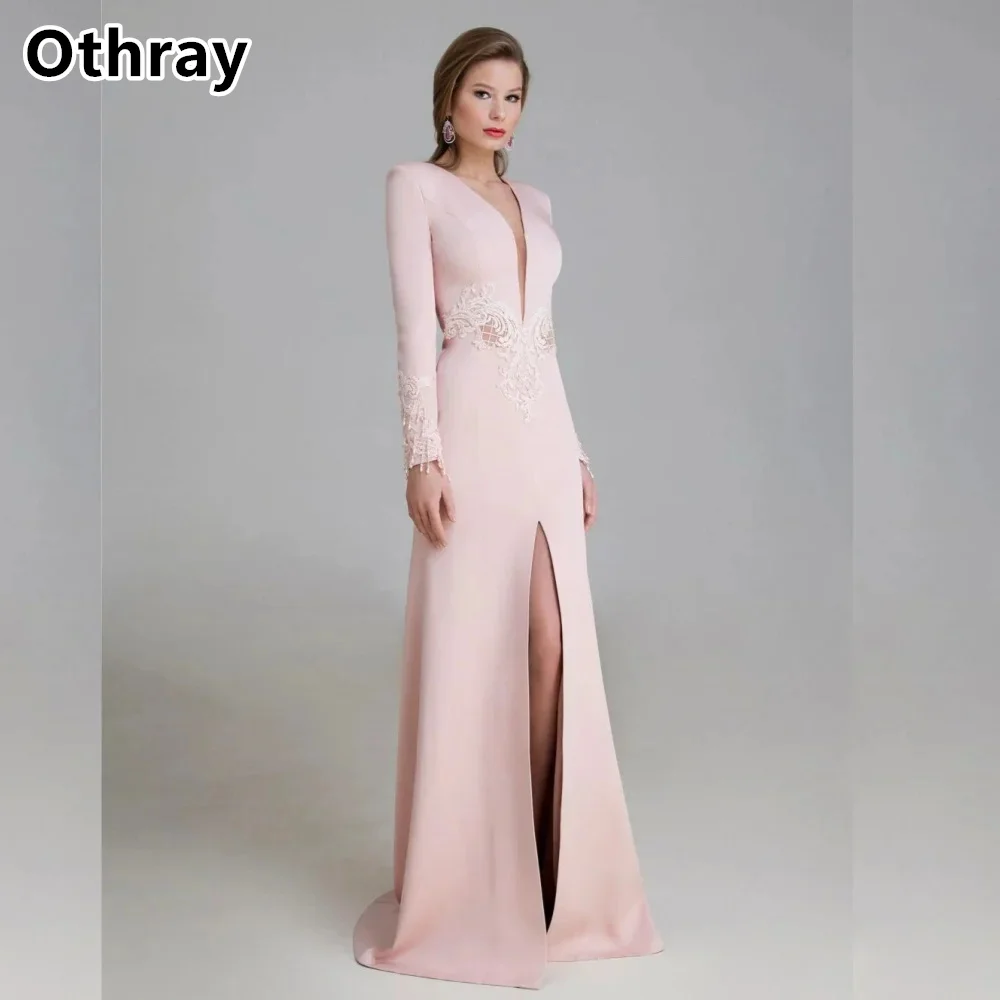 Othray Sweet Pink Evening Dresses Applique Beaded Deep V Neck Long Sleeves Modern Formal Prom Gowns Wedding Guest Robe 2025