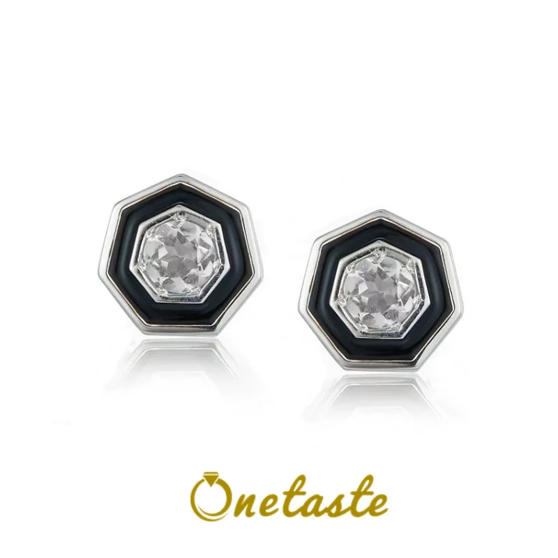 925 Sterling Silver Natural Topaz Blakc Epoxy Stud Earrings For Women Geometric Minimalism French Chic Small Earring 2023 New