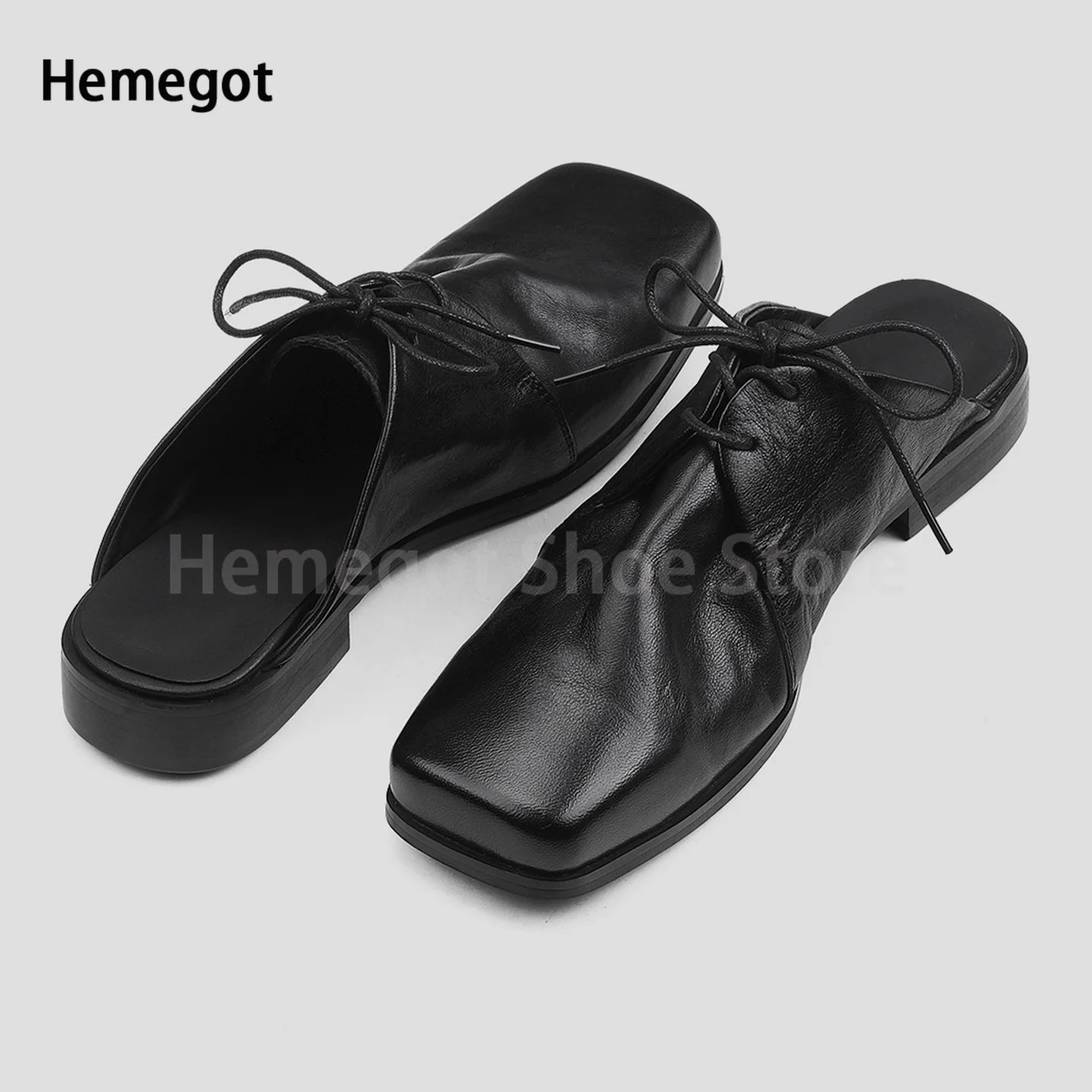 

Black Leather Mules Slippers Men's Shoes Square Toe Lace-Up Flats Wear-Resistant Solid Color Casual Shoes Handmade Men's Shoes