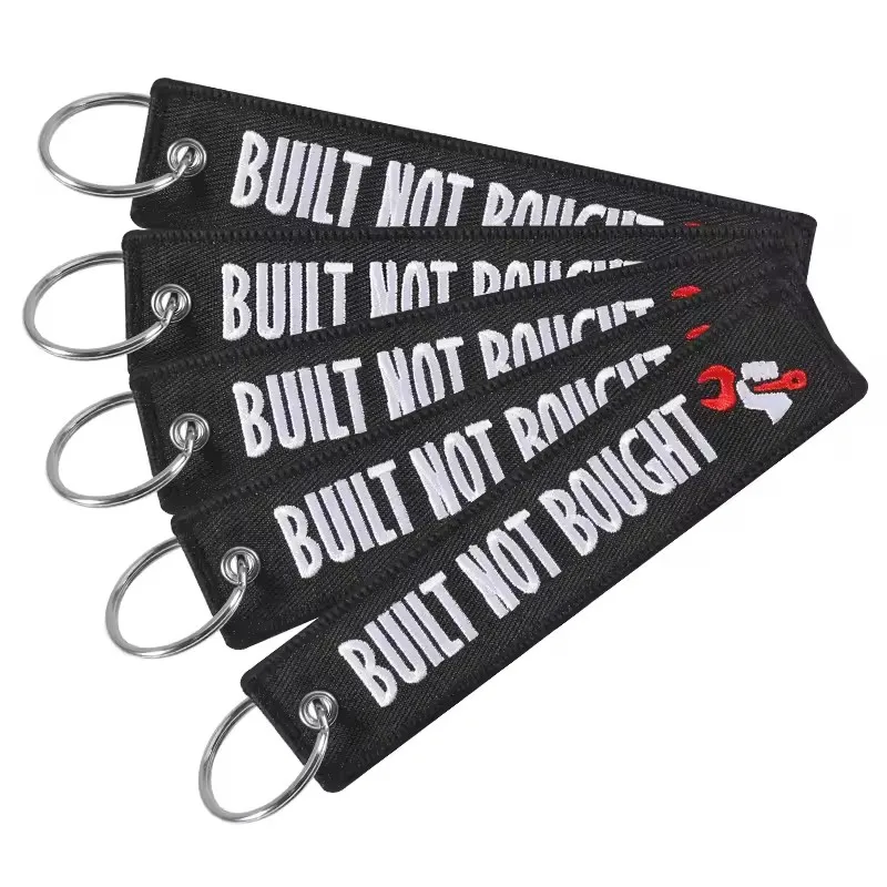 5Pcs Fashion Black Car Keychain Key Fobs Embroidery BUILT NOT BOUGHT Motto OEM Jewelry Key Ring for Motorcycle Chaveiro Moto