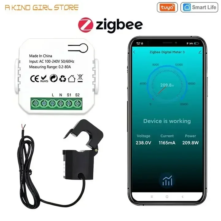 Tuya Smart Life ZigBee Energy Meter 80A with Current Transformer Clamp KWh Power Monitor Electricity Statistics 110/240V 50/60Hz