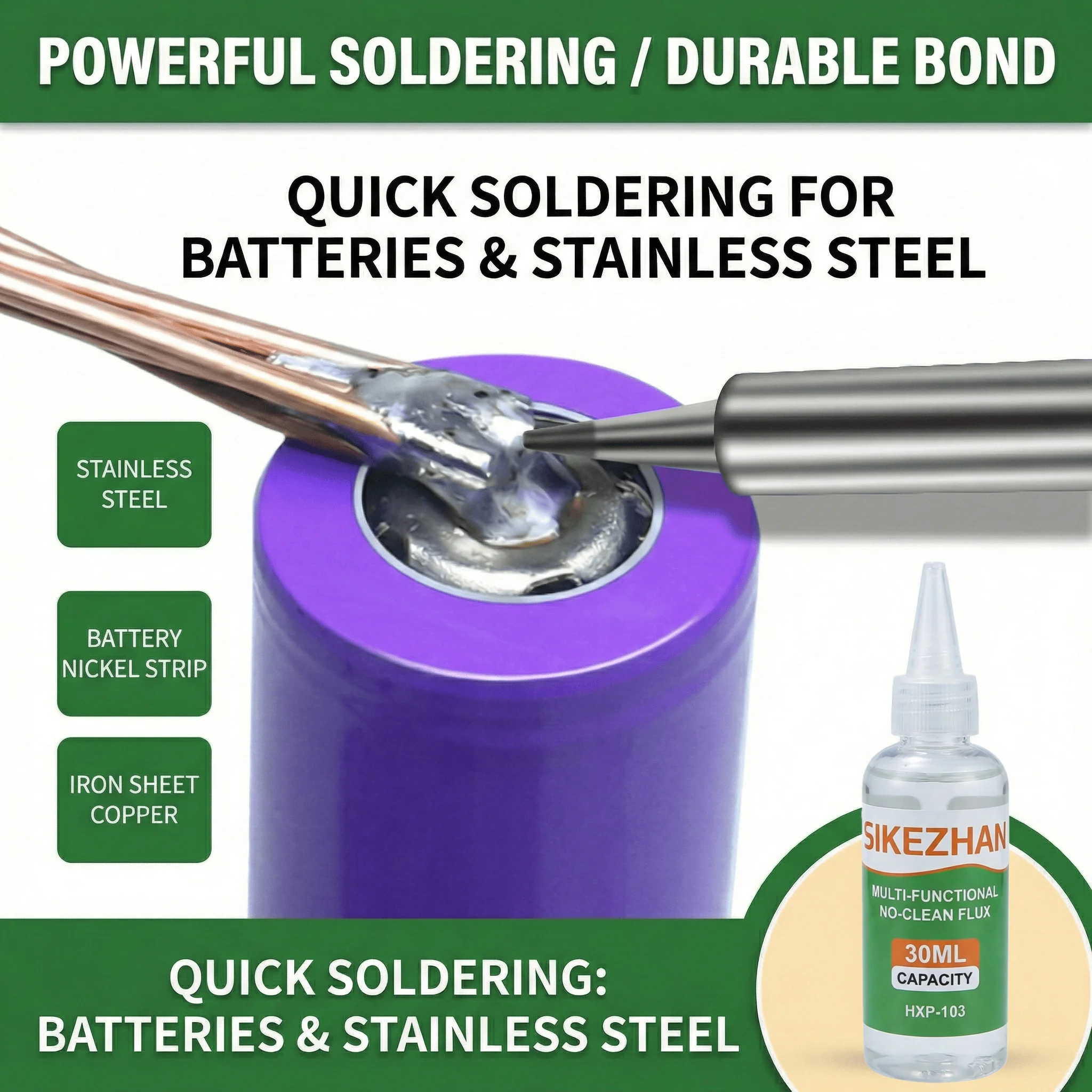 Flusso di Saldatura Liquido in Acciaio Inossidabile Senza Residui per Nichel Rame Ferro Riparazione Batterie 18650 PCB
