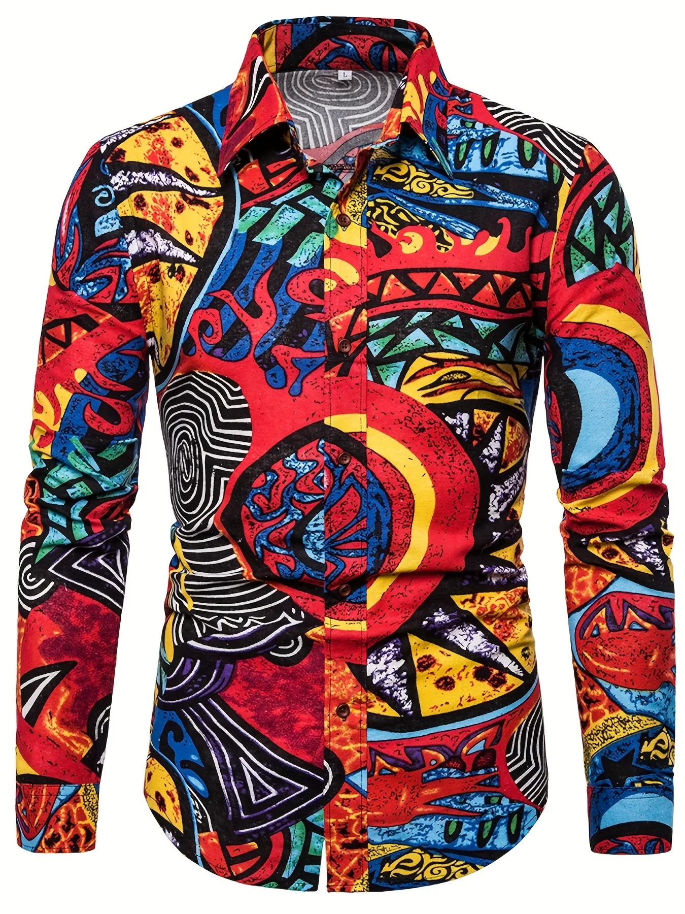  Men'S Stylish Long Sleeve Print Button-Up Shirt - Vibrant Floral & Geometric Design, Regular Fit, 