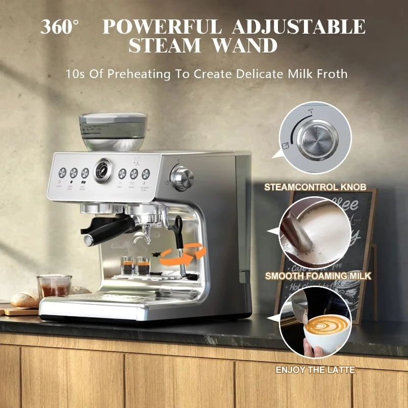21M Professional Electric Espresso Coffee Machine with Adjustable Grinder  Bean-to-Cup