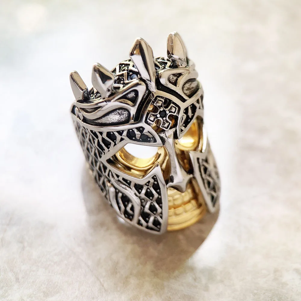 Yellow Gold Plated Ring Knight Helmet Fine Jewerly For Women Men Winter Brand New Vintage Gift In 925 Sterling Silver