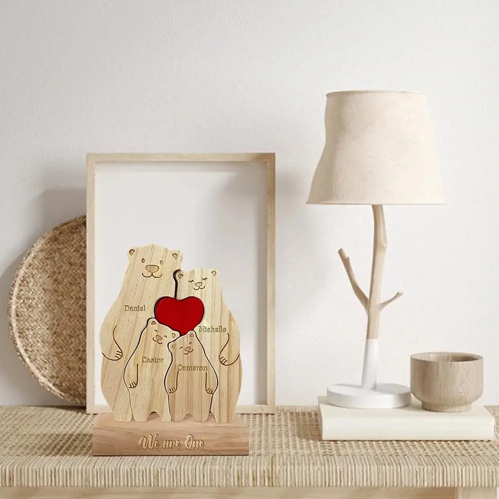 Personalized Wooden Bear Family Photo Decoration Wood Desktop Ornaments Bear Puzzle with Base Custom Gifts for Parents Kids