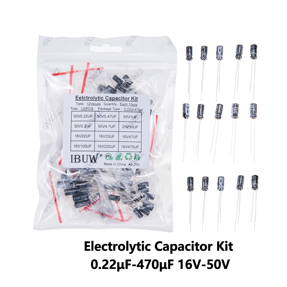 Kit de Capacitores Eletrolíticos com 120 Peças e 12 Valores (0.22μF-470μF 16V-50V) para Projetos de Circuito Eletrônico DIY 0.22uF 22uF 100uF 33uF 47uF