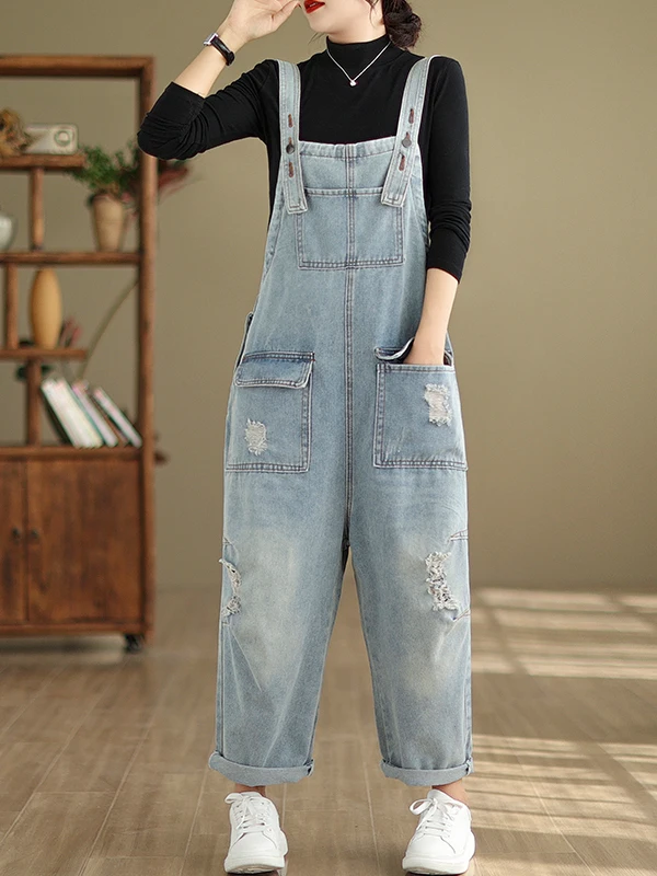 

Versatile plus Size Loose Fit Denim Overalls for plus Size Women Casual Spring Autumn Cotton Blend with Hole Detail