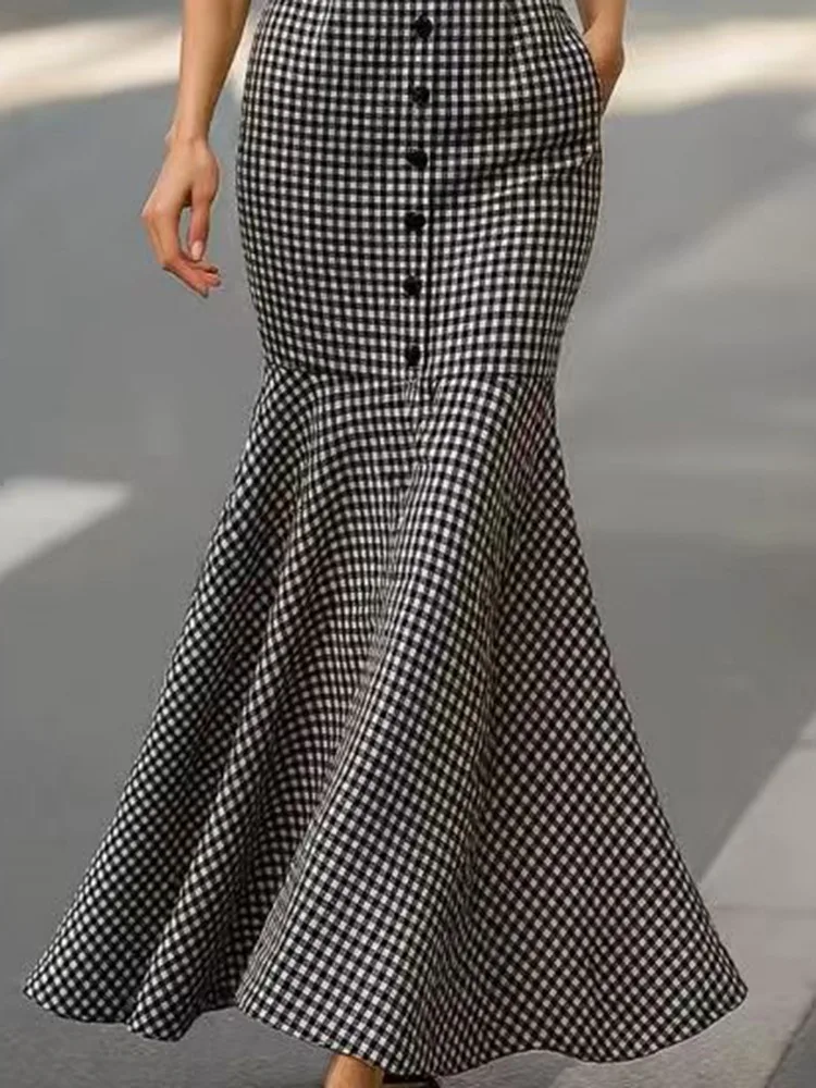 UOOZEE 2026 Nowa Damska Sukienka Maxi Bez Rękawów w Czarno-Białą Kratę, Głęboki Dekolt w Serek, Zapinana na Guziki, Syreni Krój, Dopasowana, Formalna Sukienka Wieczorowa, Długa