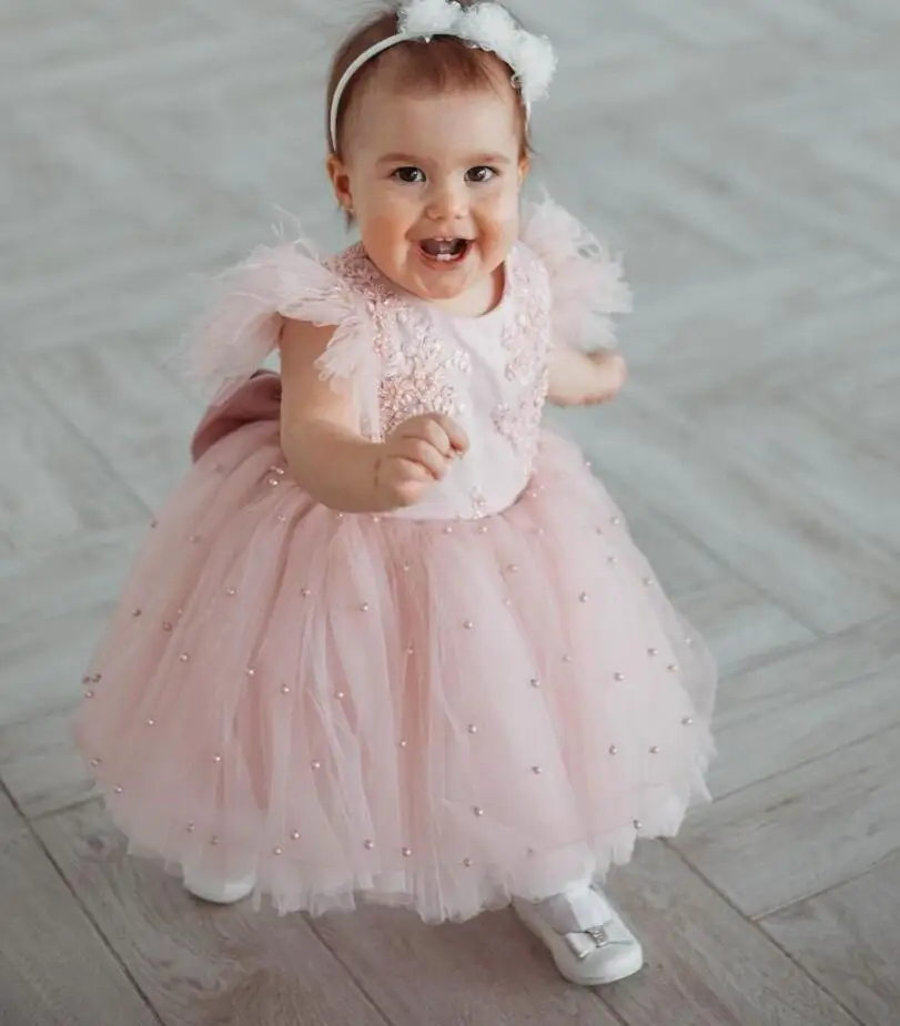 Fluffy Handmade Baby Girl Dress with Pearls Big Bow Flower Girl Dress Infant Tutu Outfit Kid Birthday Christmas Gown