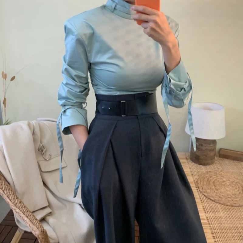 

High Waist Draped Wide Leg Suit Pants Korean Style Casual Trousers Double Waist Design Cotton Blend Fabric for Young Women