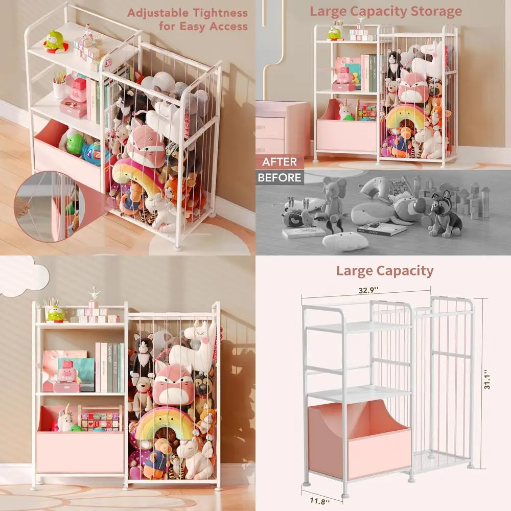 

2-Tier Kids Bookshelf with Stuffed Animal Net and Fabric Toy Chest, White, Pink for Playroom and Nursery