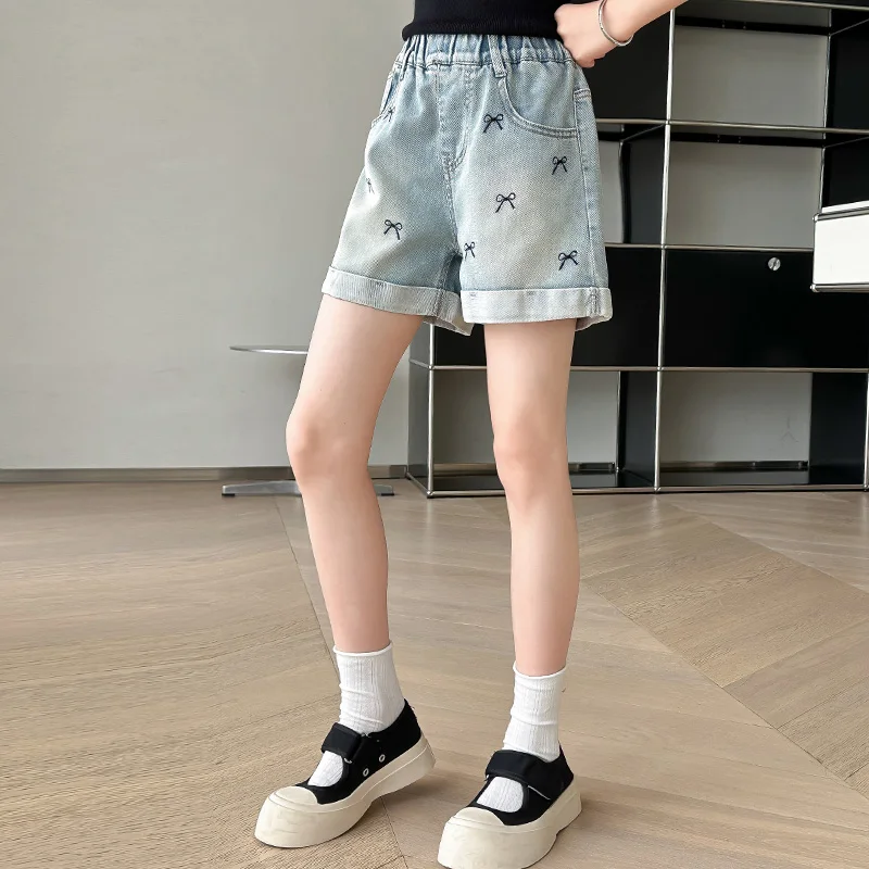 Children Casual Denim Shorts with Bow For Girls Elegant Above Knee Pants Mini Jeans Kids Teenager Brief Summer Shorts Size 5-14Y