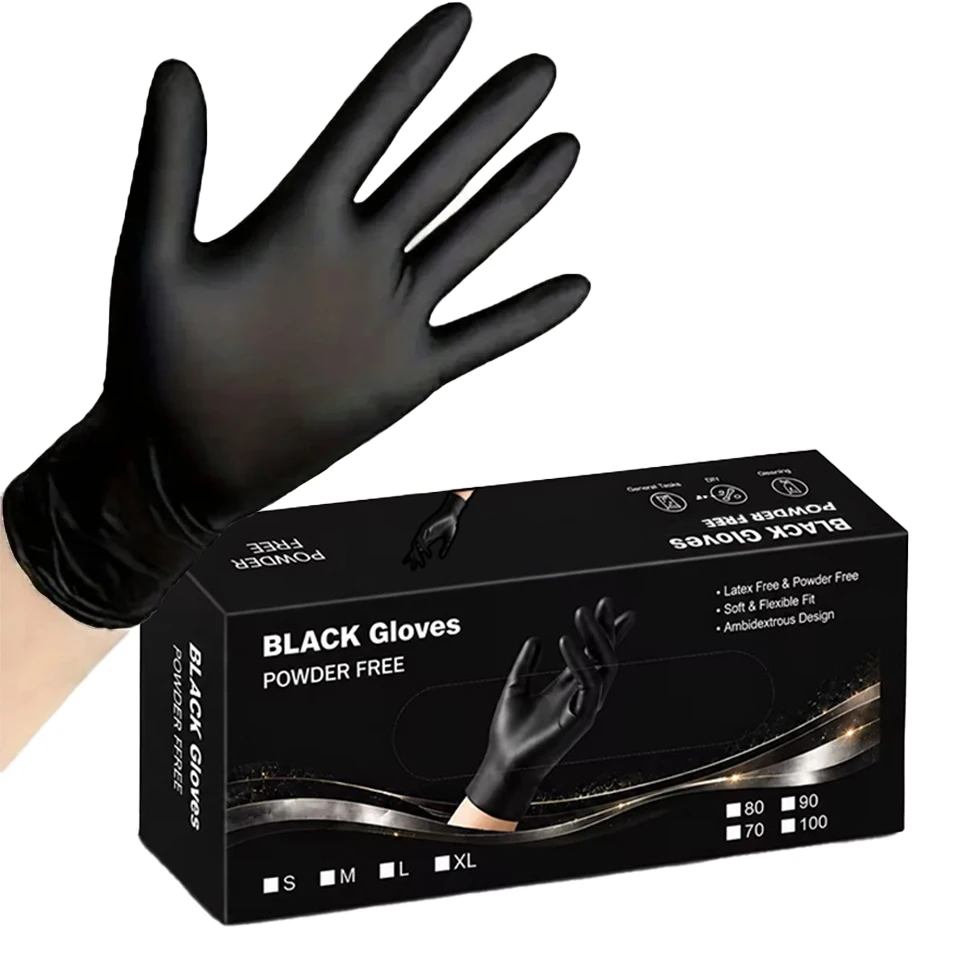 100PCS/Box Black Nitrile Gloves Disposable Gloves Latex Free Soft Stretchy Gloves Tattoo Salon Beauty Cleaning Handwear Supplies