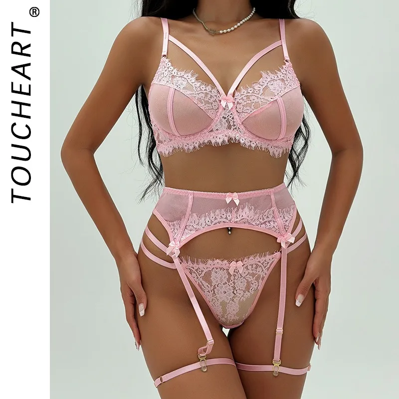 

Toucheart Erotic Lingerie Eyelash Embroidery Lace See-through Gather Together Seductive Patchwork Hollow Intimate Underwear Set