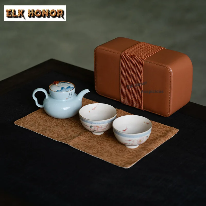 Hand-painted Lotus Fish Algae Travel Tea Set Kit Elegant 1 Pot 2 Cups Tea Making Organizer Portable Outdoor Leather Bags Gifts