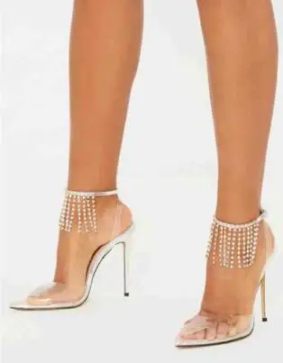 Drop Shipping Transparent PVC Bling Crystal Tassel Pointed Toe Ankle Strap Thin Heels Summer Sandals Women Elastic Band Pumps