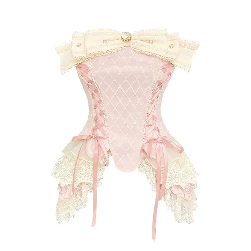 ภาษาฝรั่งเศสคํา Elegant Corset ชุดผู้หญิง Bow Tie เซ็กซี่ลูกไม้ด้านบนกางเกงขาสั้นสีขาว 2 ชิ้นสบายๆแฟชั่นฤดูร้อนหญิง 2 ชิ้นชุด