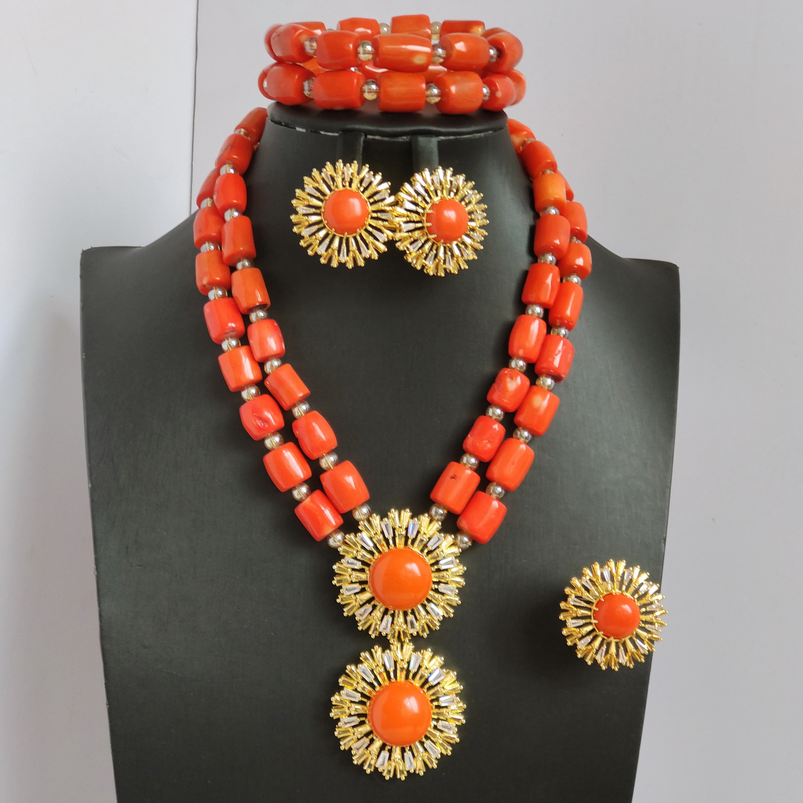 Aczuv natural orange coral bead african bridal necklace nigerian jewelry sets for woman weddings