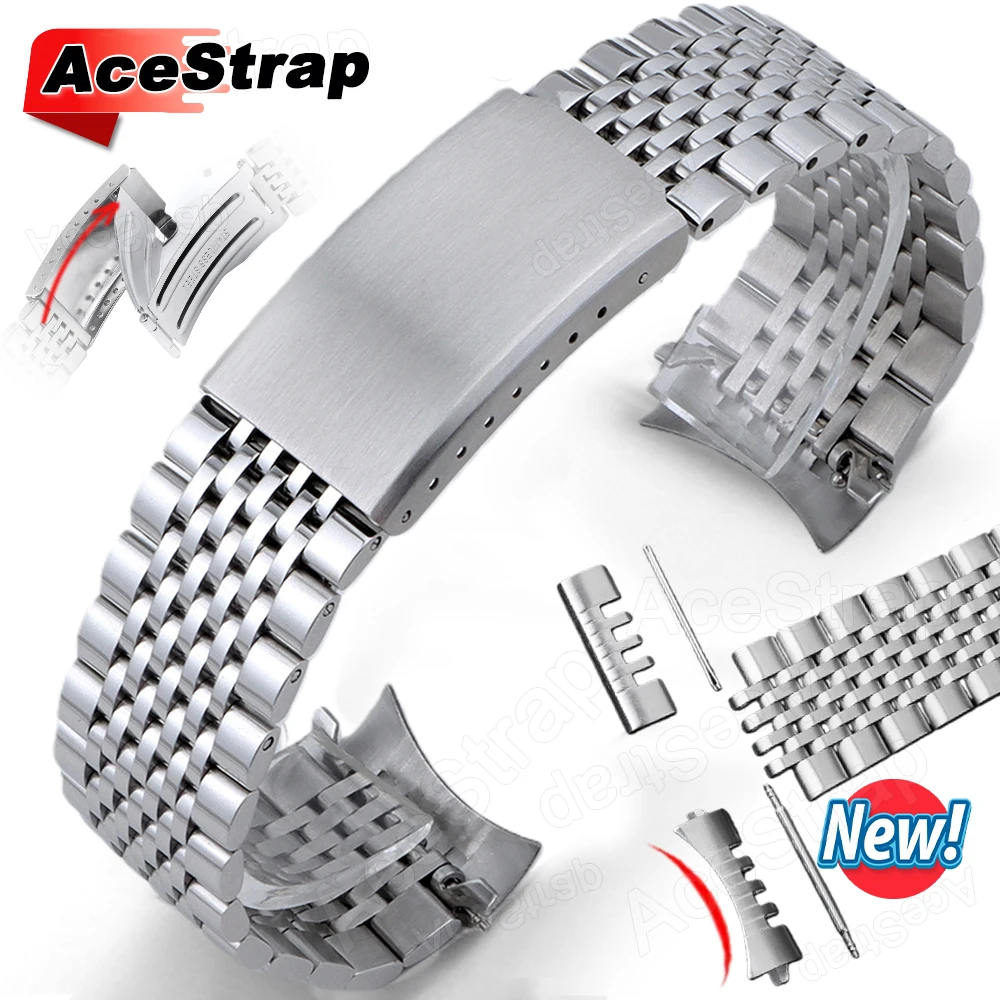 Curved End Stainless Steel Band for Omega Speedmaster Watch Band 18mm 20mm 22mm Bracelet 9bead Wristband Arc/Flat Interface Belt