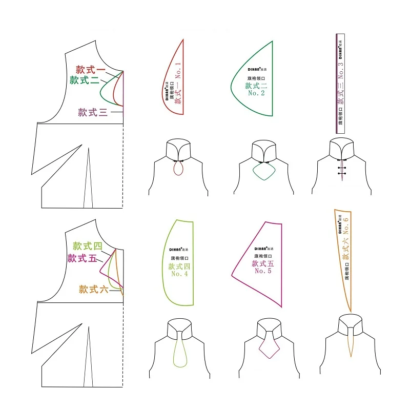 Cheongsam Collar Pattern Template Kit (6 Variations) – Universal Qipao Neckline Drafting Tool CS101-Neckline