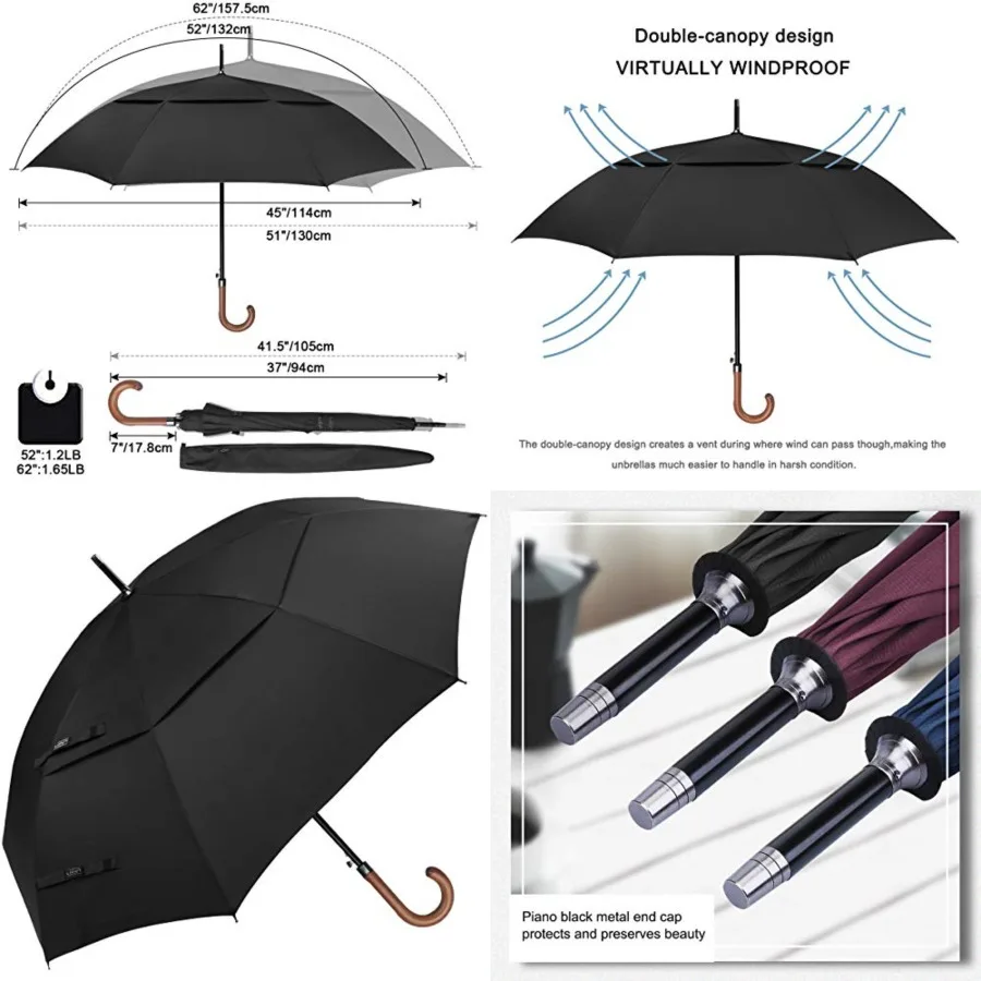 

Wooden J Handle Golf Umbrella Windproof UV Protection Classic Stick Wedding Cane Umbrellas, Auto Open Cane Hook Handle