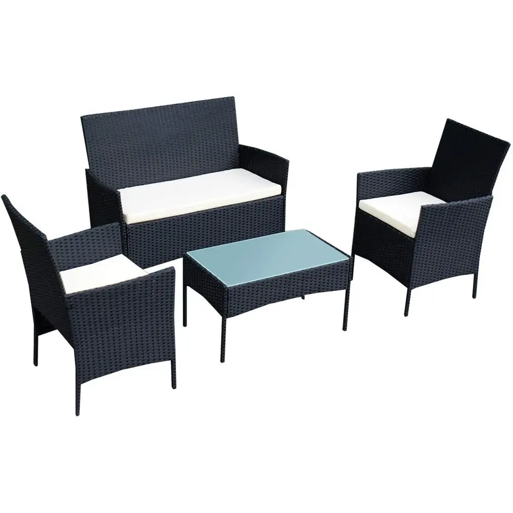 

4-Piece Outdoor Rattan Patio Furniture Set with Cushions, Wicker Seats, Tempered Glass Coffee Table for Garden, Balcony, Backyar