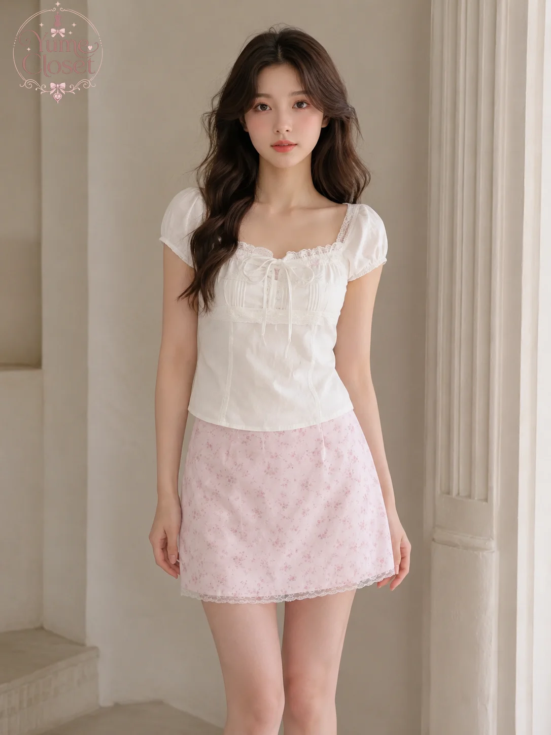 Coquette Sweet 2 Piece Set Women‘s White Lace Puff Sleeve Bow Top Pink Floral Mini Skirt Cottagecore Date Summer Outfit 2026