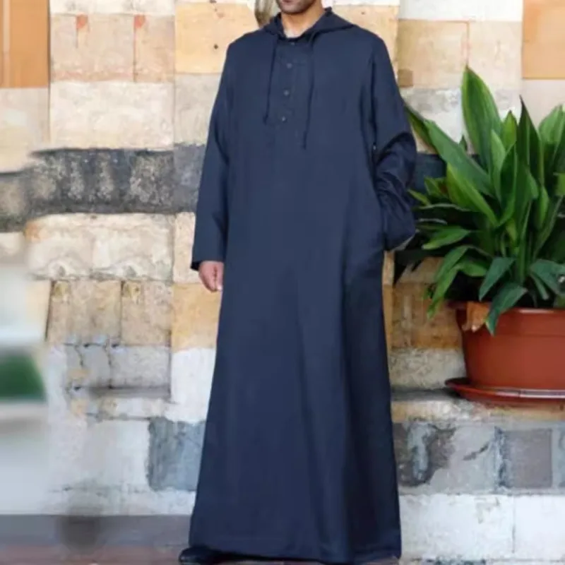 Men's Arabic-Style Simple Long Hooded Shirt | Muslim Thobe