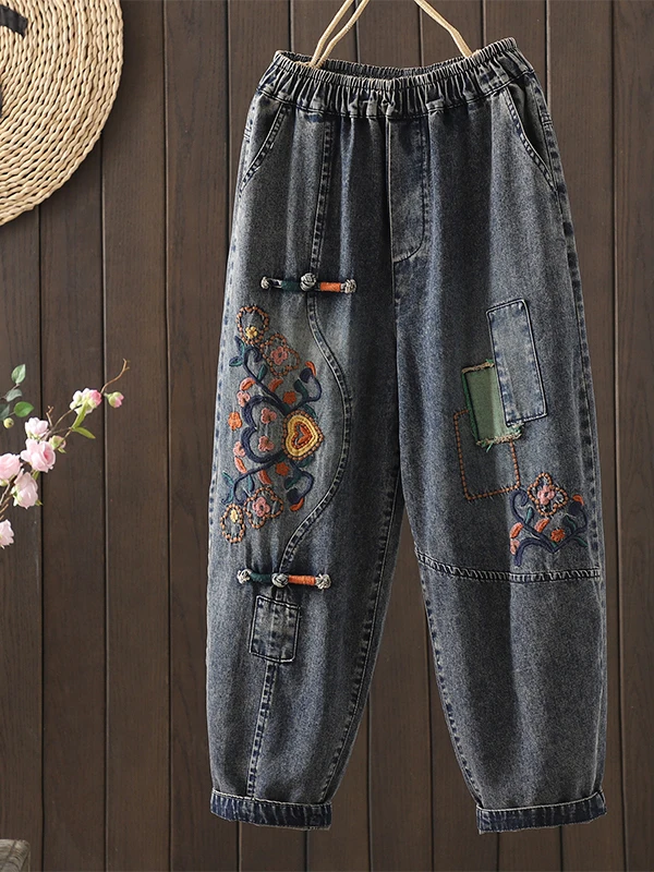 Jeans da donna in cotone vestibilità ampia autunno nuovo Sle Casual Sle Patchwork elastico in vita Pantaloni Harlan in denim ricamato retrò