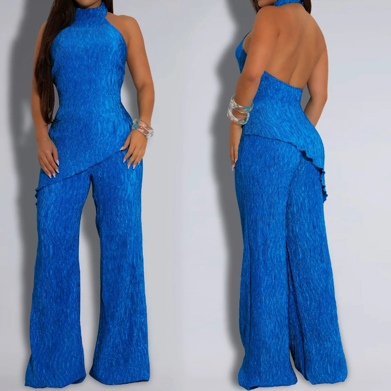 

Fashion Women's Set Elegant Sleeveless Backless Halter Neck T-shirt & Wide Leg Pants 2025 Vacation Summer 2 Piece Sets Outfit