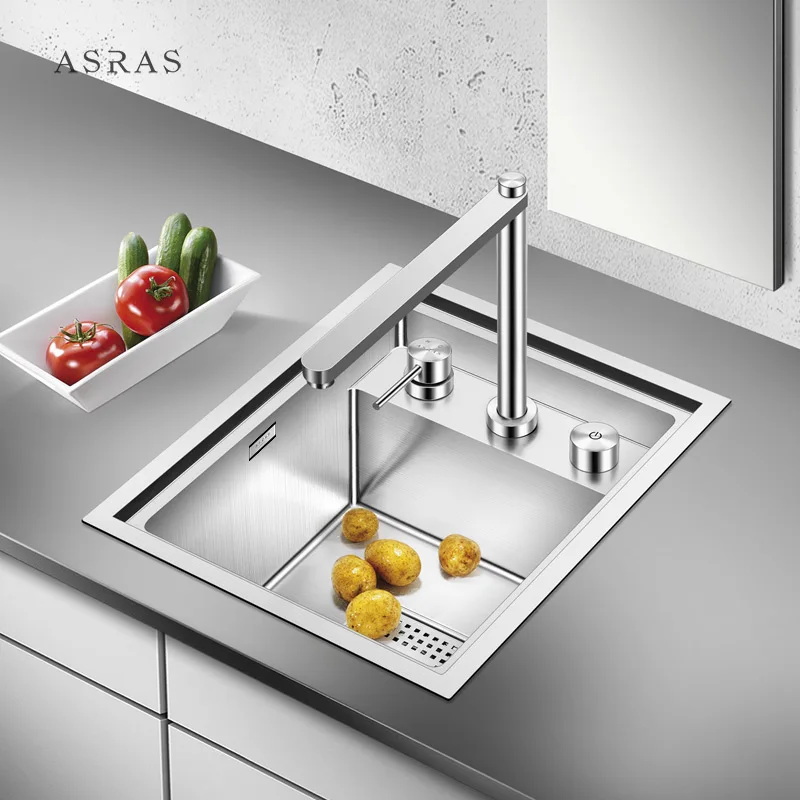 

AS-3847Y SUS304 handmade kitchen sink hidden covered lids fine brushed with drainer and tap