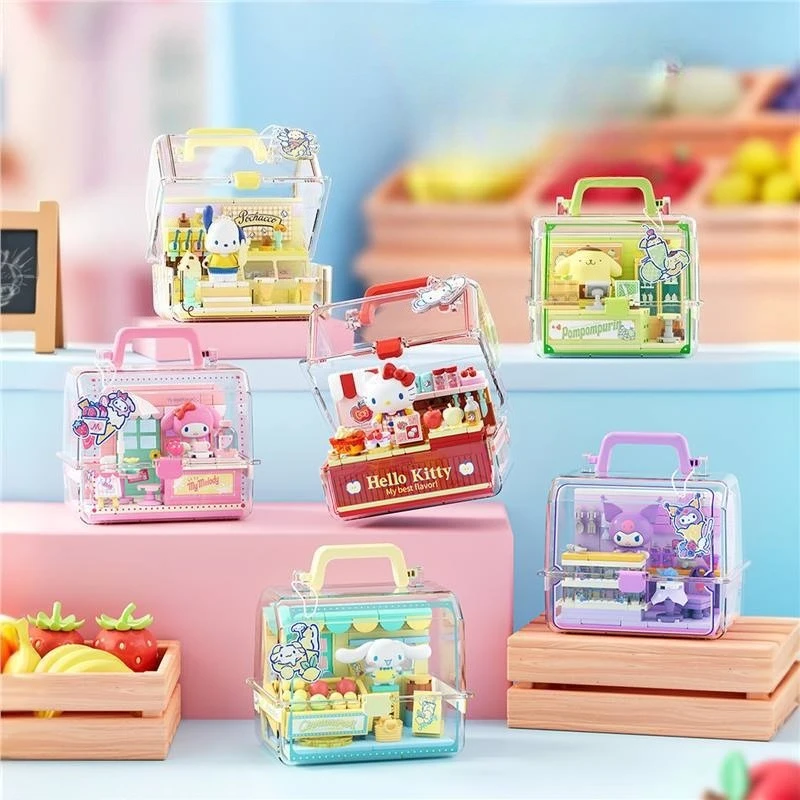 AREAX Brick District Sanrio Hello Kitty Cool Lolomi Fruit Flavor Store Manager Assembles Building Blocks Toy Girl Gift